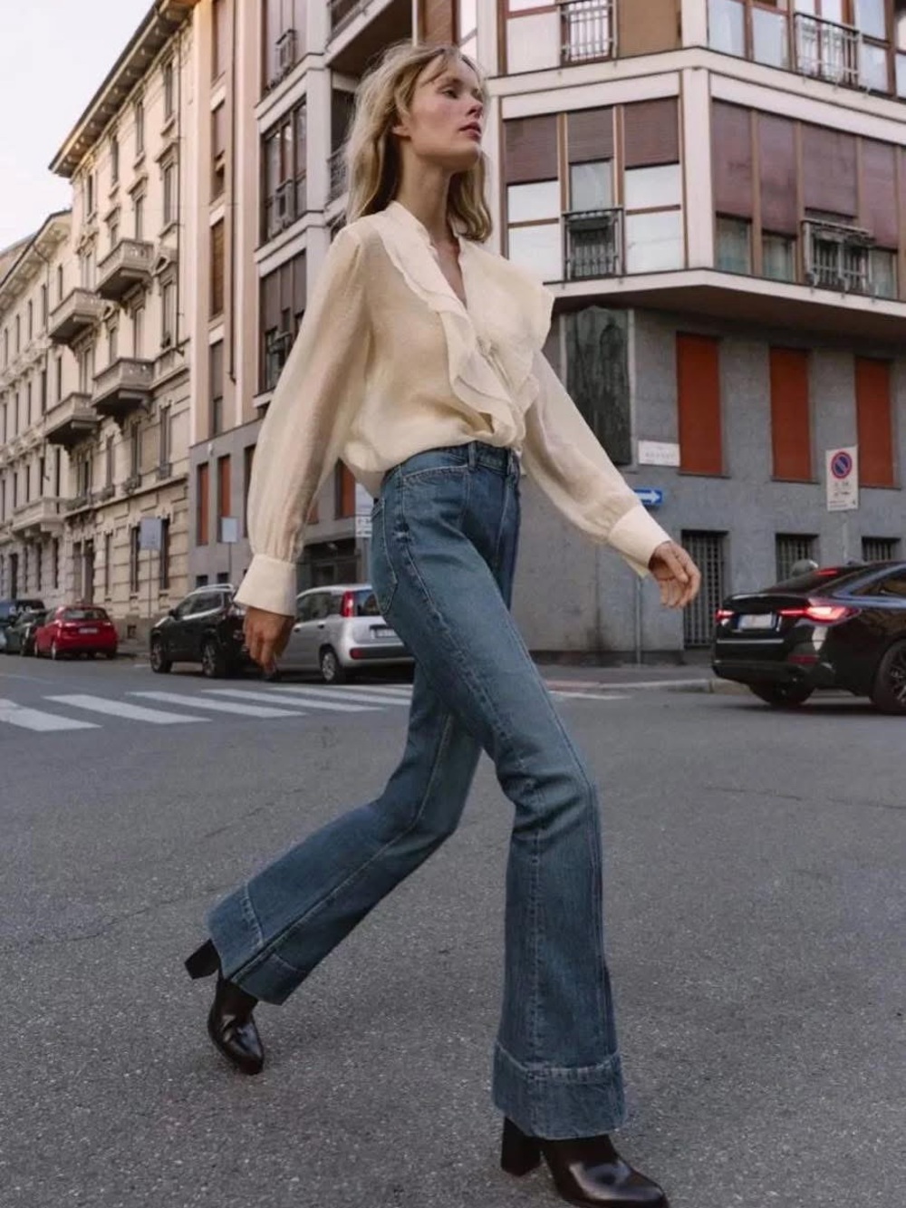 Zara Y2K Medium Blue High-Rise Wide-Leg Jeans